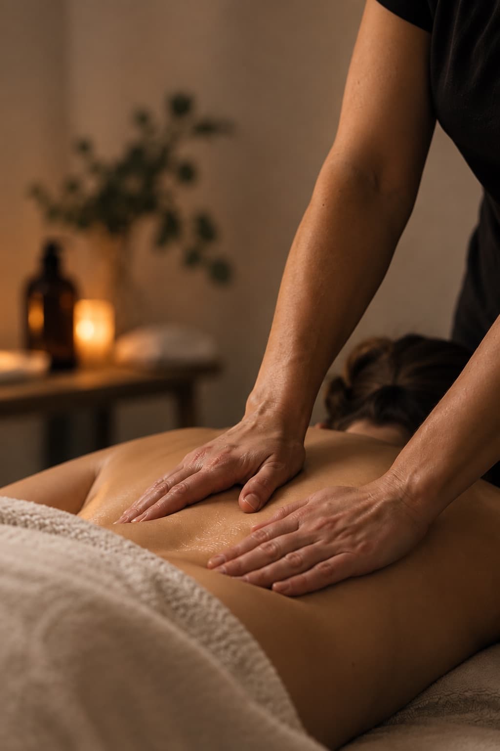 A massage therapist working along a client's back on the table, in warm low light.